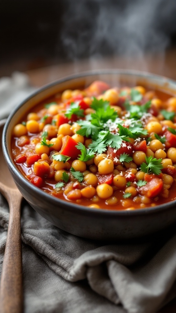 A bowl of spicy Moroccan lentil and chickpea stew with vibrant vegetables and fresh cilantro on a rustic table.